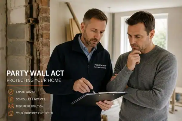 Party wall surveyor Leeds discussing extension plans with homeowner outside a UK semi-detached house.